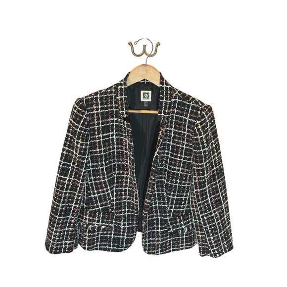 Anne Klein Medium Black Plaid Tweed Open Blazer Jacket Business Career - Picture 1 of 9
